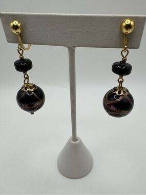 Black and Gold Drop Bead Clip On Earrings - Capped Murano Glass